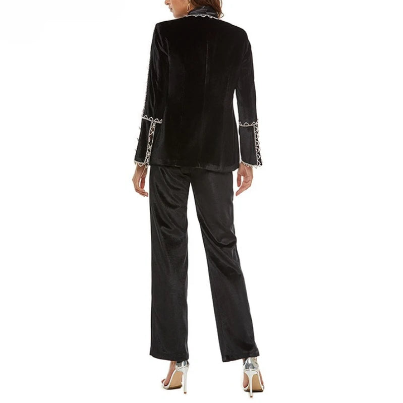 TWOTWINSTYLE Solid Spliced Bead Three Piece Sets for Women Lapel Long Sleeves Top V Neck Sleeveless Vest Long Pants Set Female