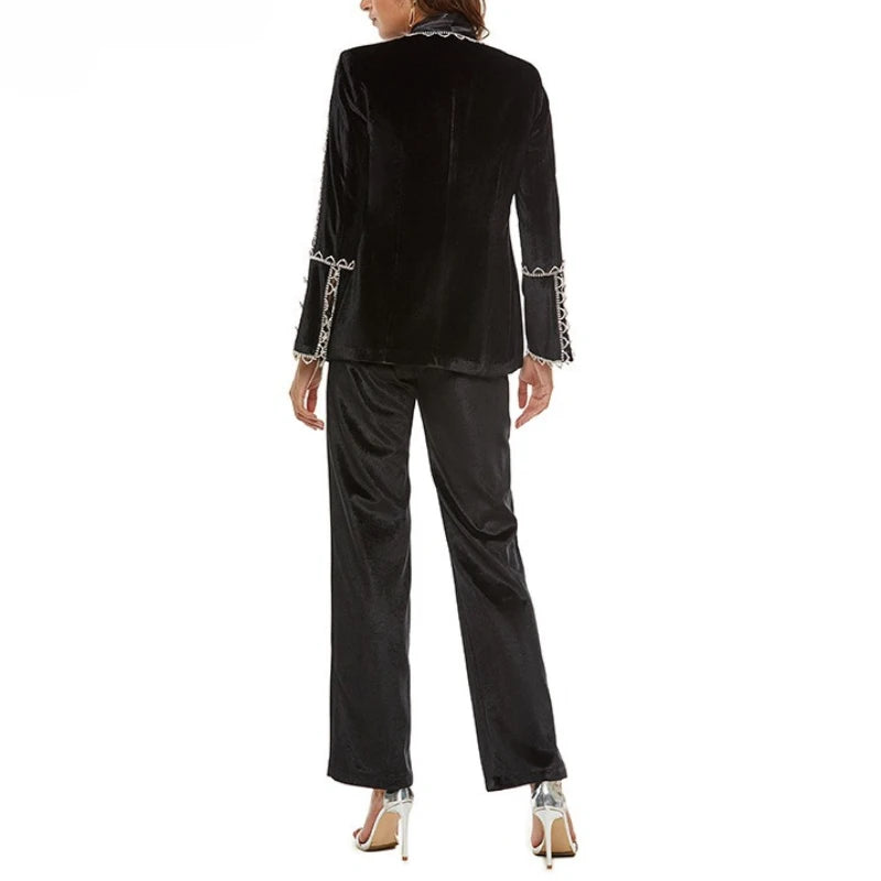 TWOTWINSTYLE Solid Spliced Bead Three Piece Sets for Women Lapel Long Sleeves Top V Neck Sleeveless Vest Long Pants Set Female