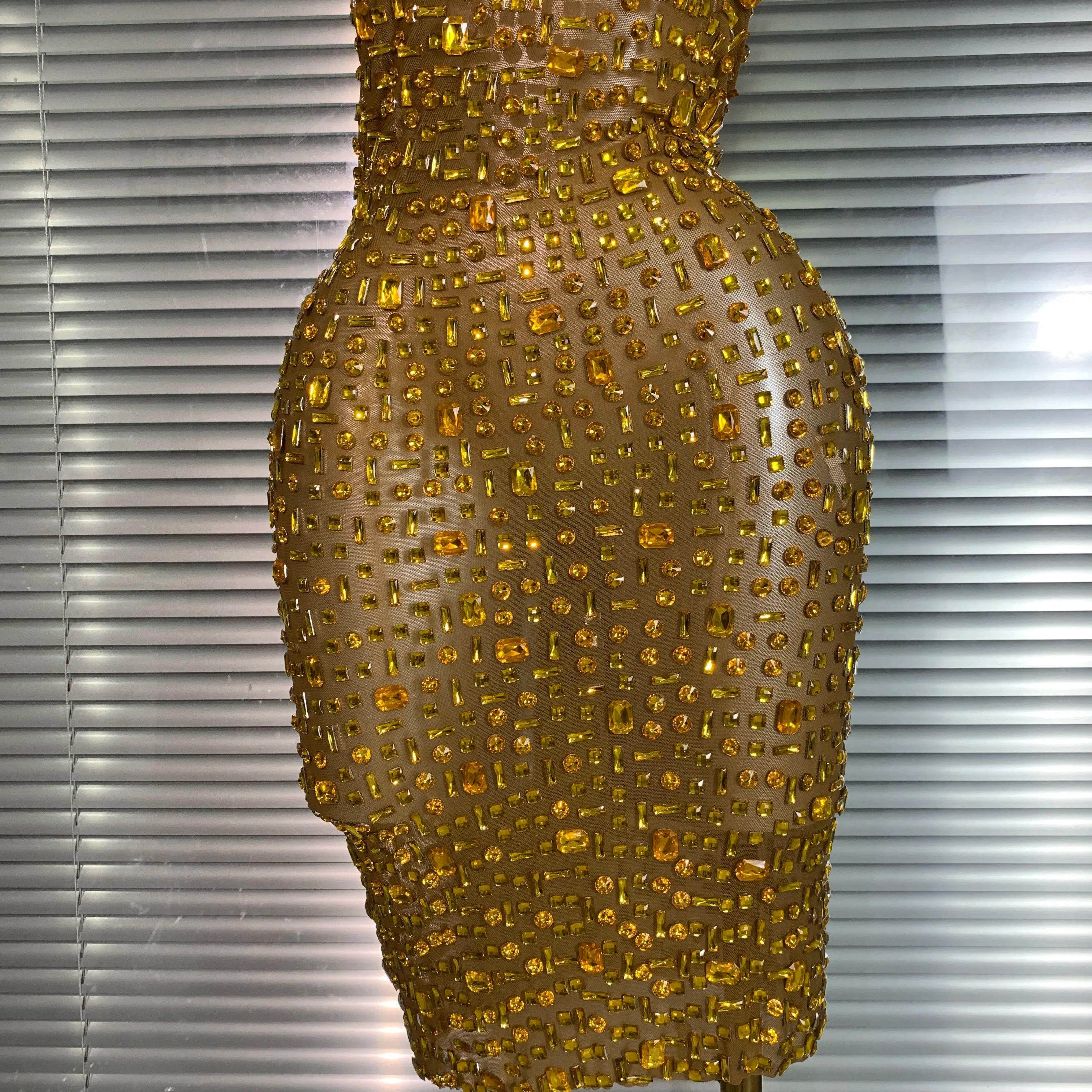 Women Sexy Mesh Crystal Diamonds Mini Performance Costume Stage Dancer See Through Stretchy Gold Night Club Party Dress