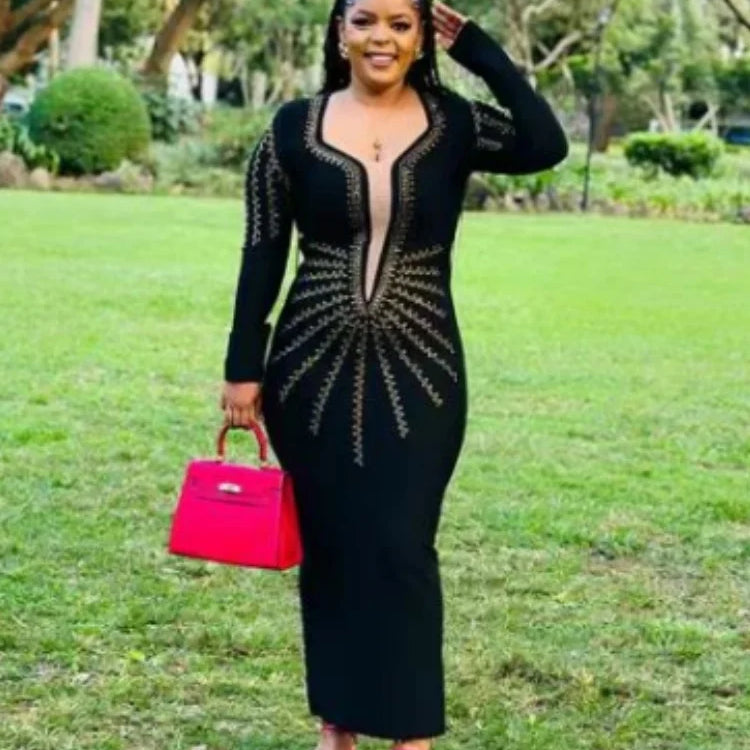 Women Long Sleeve Sexy Golden Rhinestones Bodycon Long Bandage Dress Nightclub Party Celebrate Fashion Dress