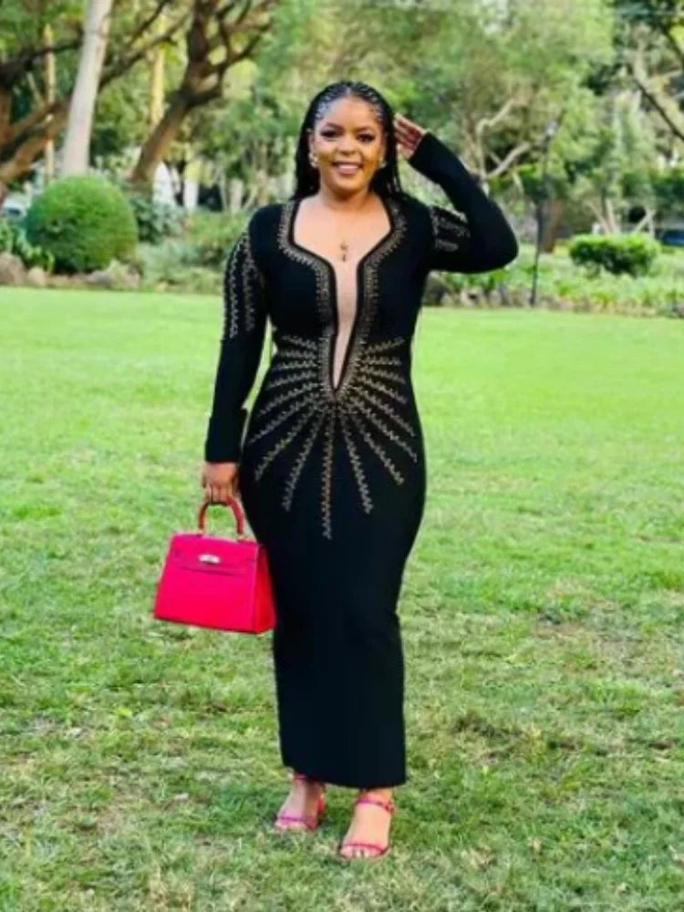 Women Long Sleeve Sexy Golden Rhinestones Bodycon Long Bandage Dress Nightclub Party Celebrate Fashion Dress