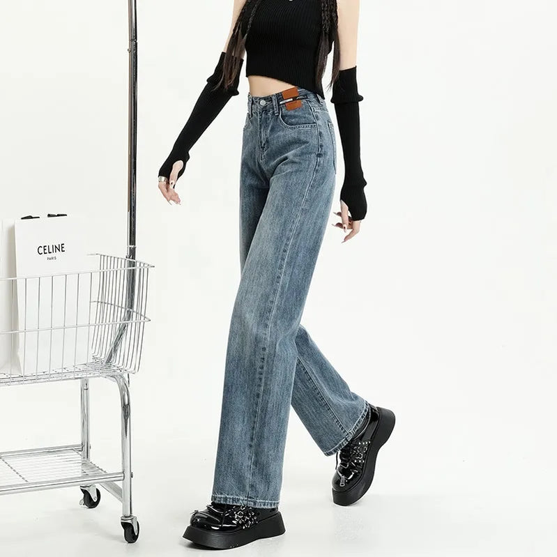 Women Jeans Denim Straight Wide Leg Pants for High Waisted Mop Trousers Brand