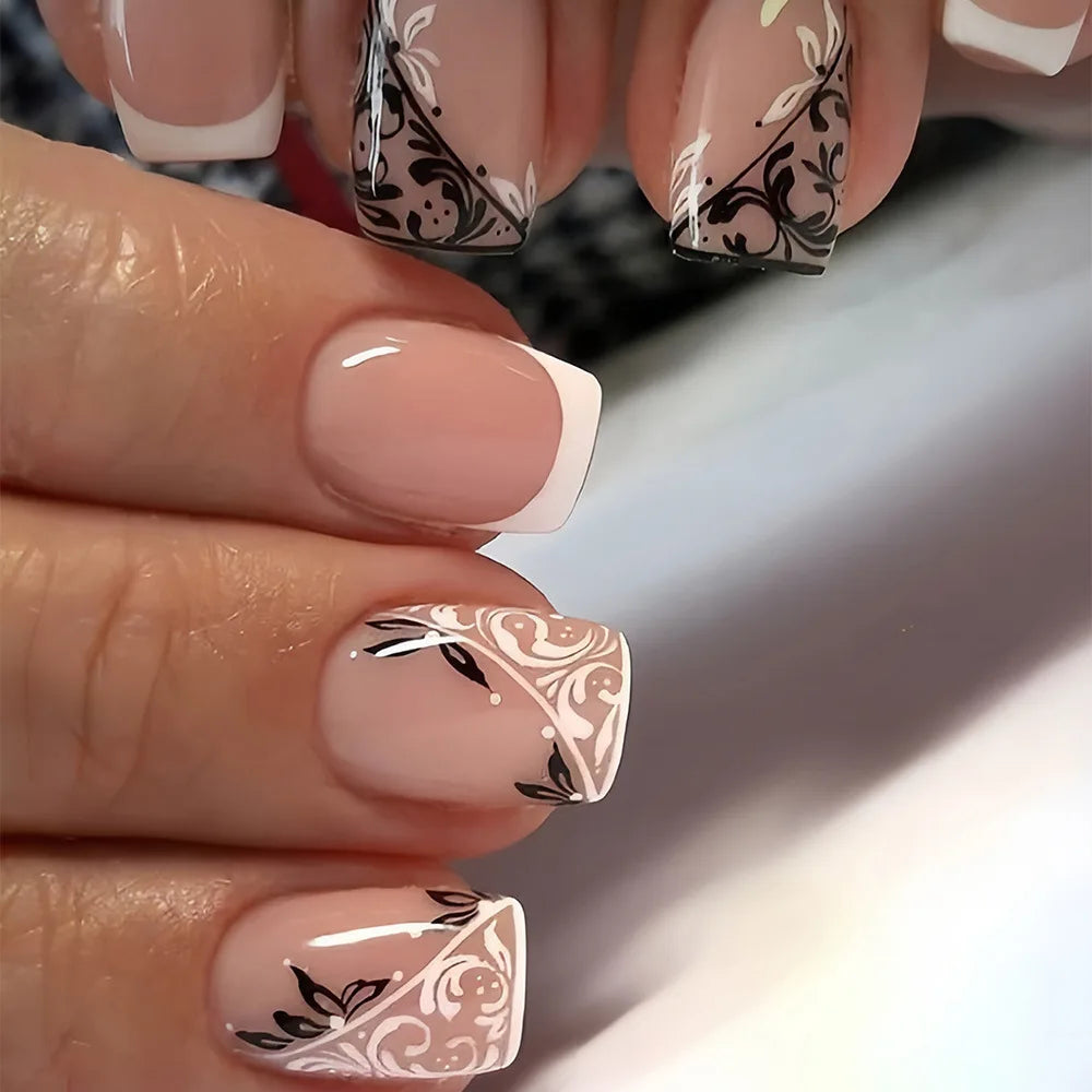 24Pcs Minimalist White French False Nails Nude Color Short Square Press On Nails Fairy Flower Printed Full Cover Fake Nails Art