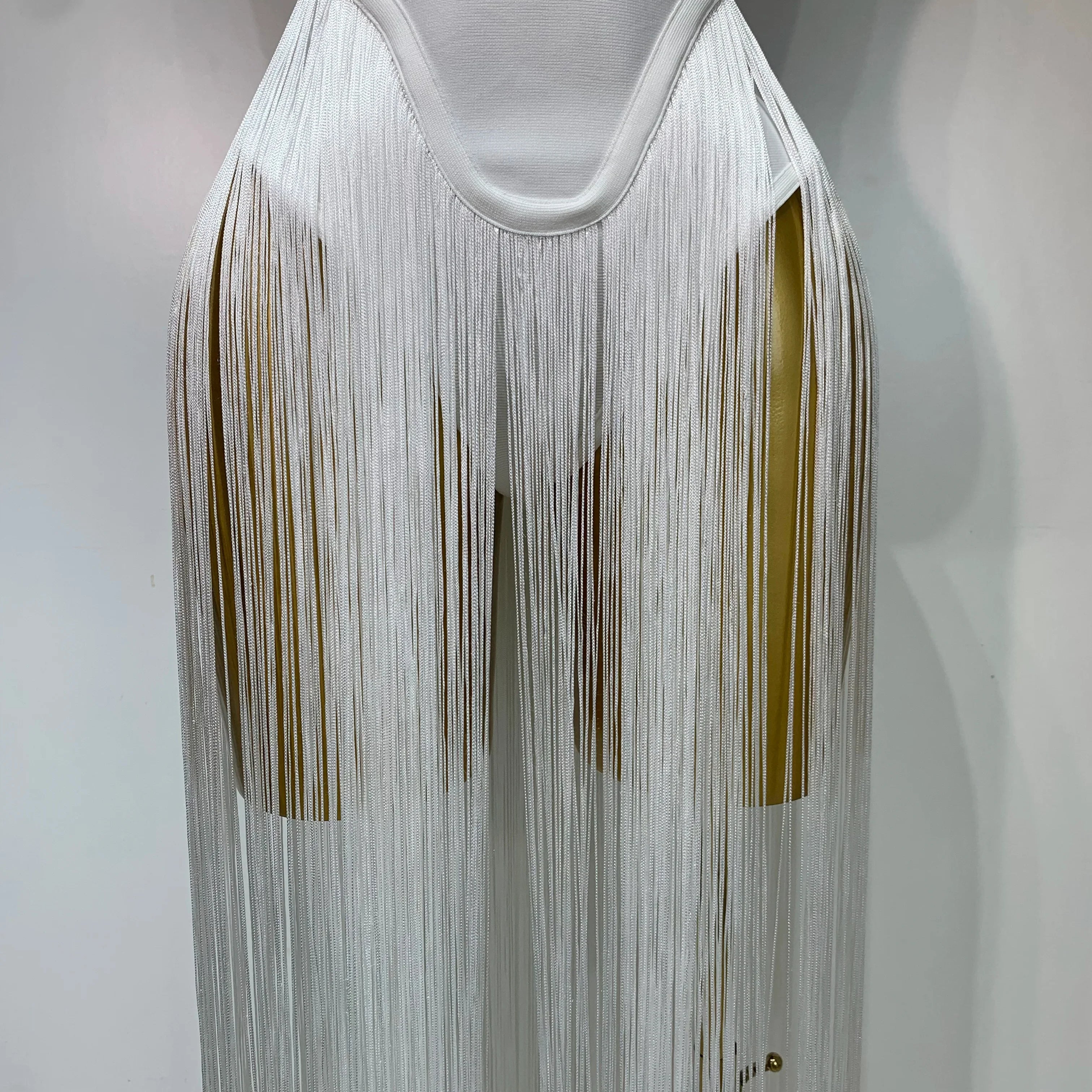 Women Sexy White Elegant Strapless Long Tassels Bandage Bodysuit Evening Party Luxury Birthdy Nightclub Singer Stage Outfit
