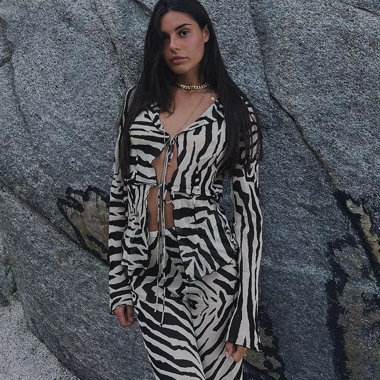 FSDA 2022 Tracksuit Women Print Y2K Long Sleeve Top Shirts Bandage And Pants Sexy Two Piece Set Casual Outfits Party Clubwear