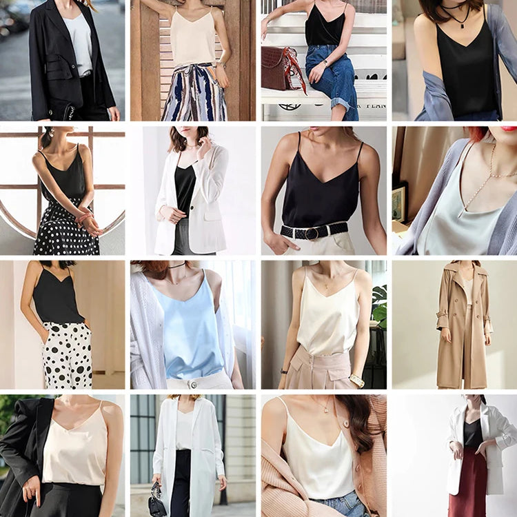 Spaghetti Strap Top Women Halter V Neck Basic White Cami Sleeveless Satin Silk Tank Tops Women'S Summer Camisole