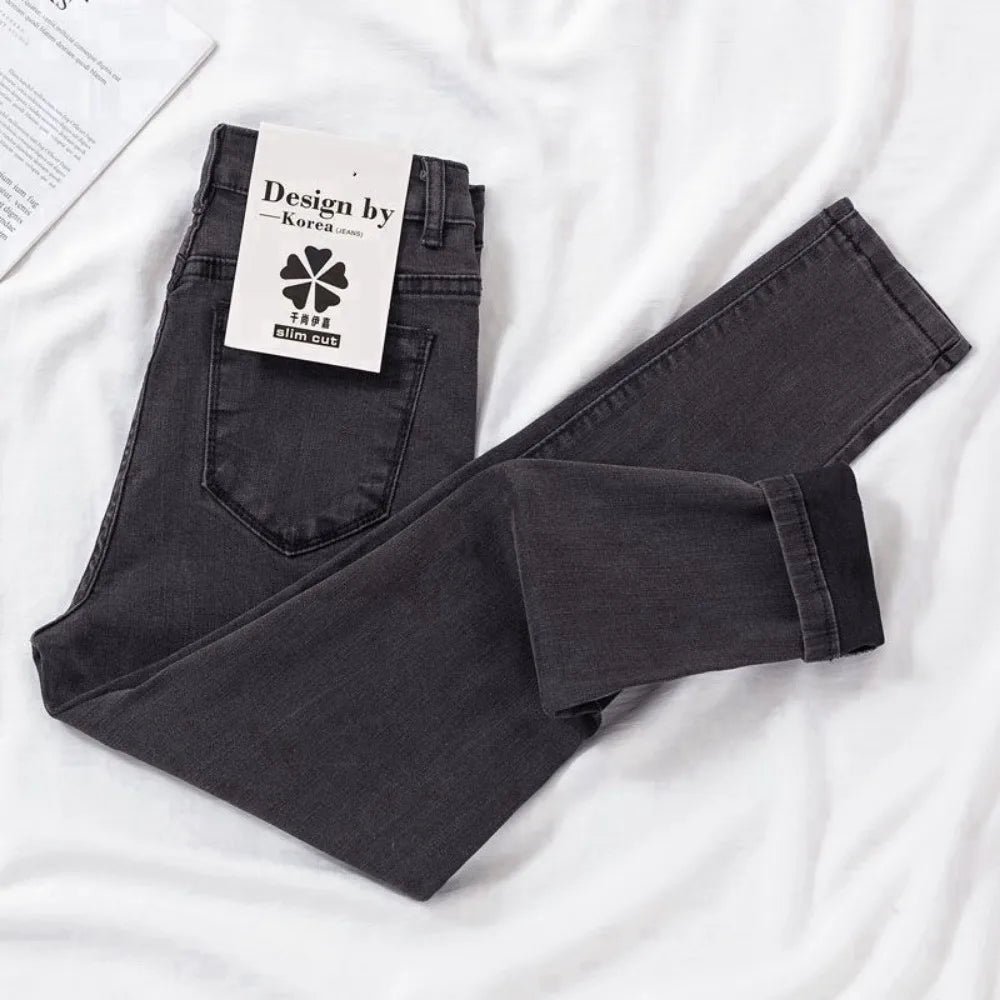 New Spring Autumn Season Blue Pencil Jeans Womens Mid Waist Skinny Vaqueros Fashion Plush Denim Capris Slim Jean Trousers