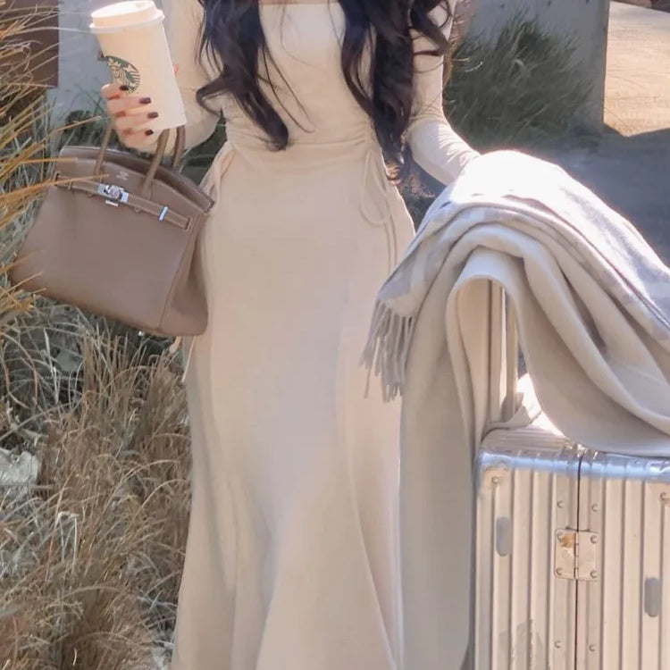 Fashion Women Midi Bodycon Dress Autumn New Drawstring Casual Slim Elegant Party Vestidos Female Chic Prom Birthday Long Robe