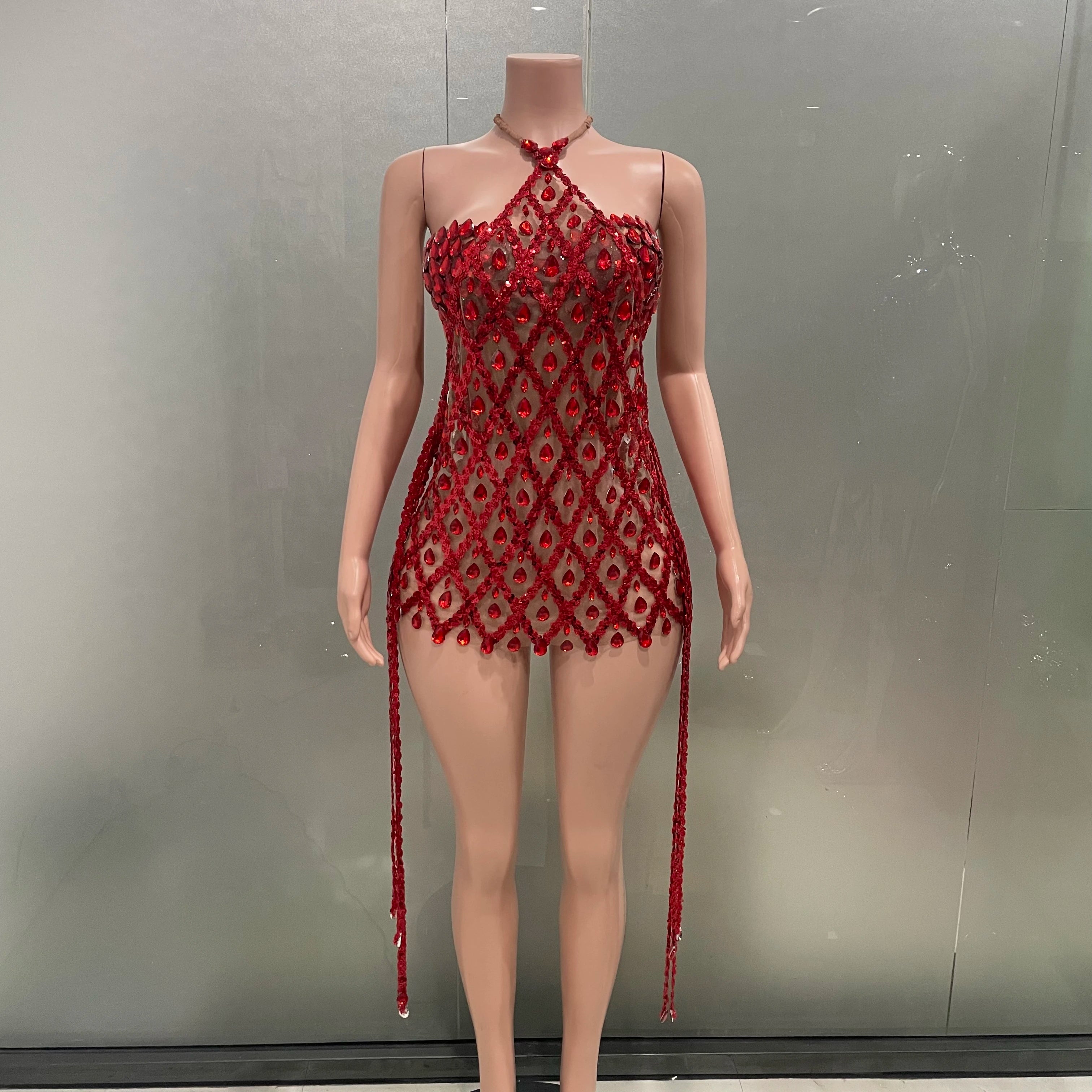 Blue Sequins Shining Diamonds Long Tassel Sleeveless Mini Dress 2 Pieces High Quality Birthday Party Outfit Performances Costume