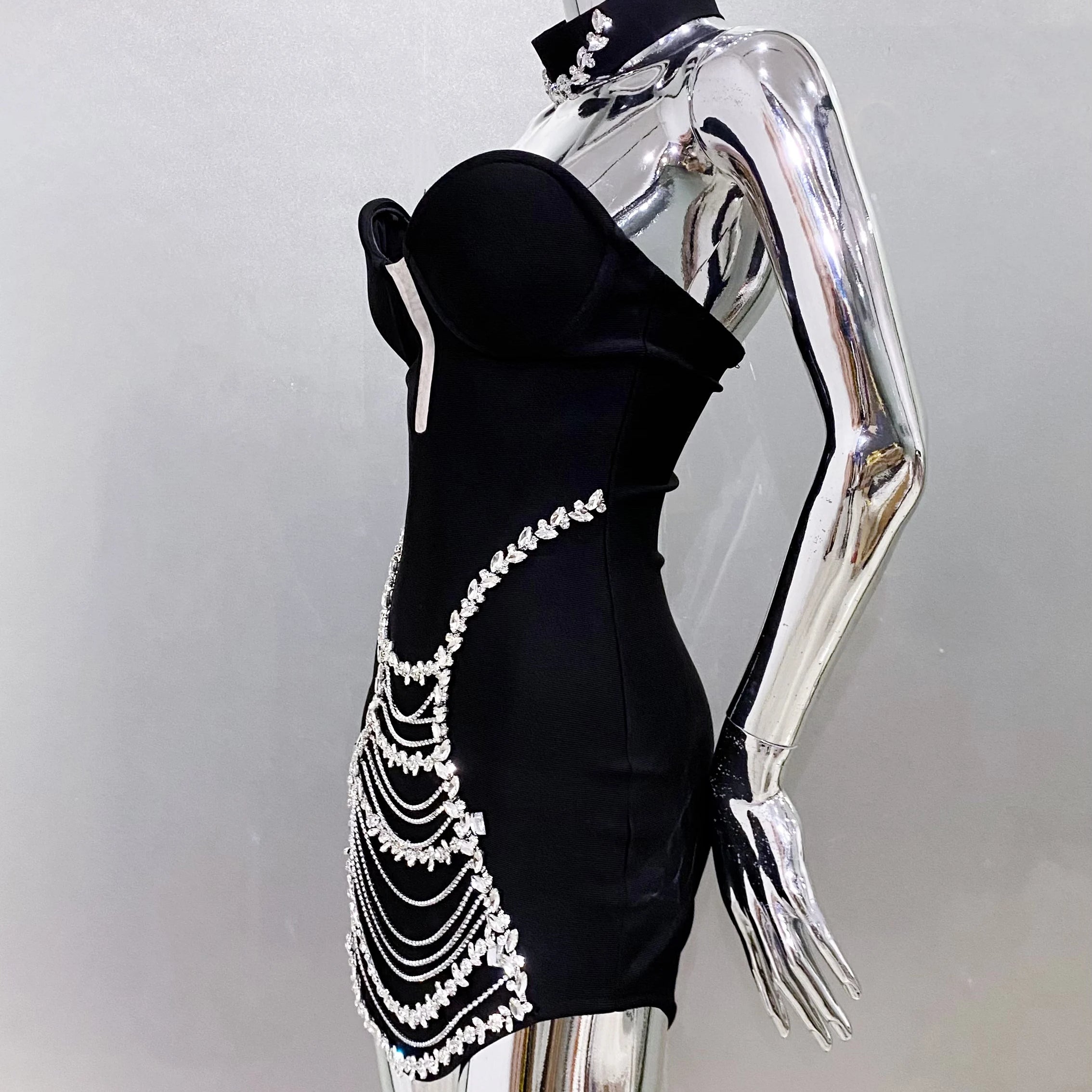 New Stylish Necklace Shining Diamonds Strapless Black Bandage Mini Dress Fashion Woman Party Vestido Celebrity Birthday Outfit