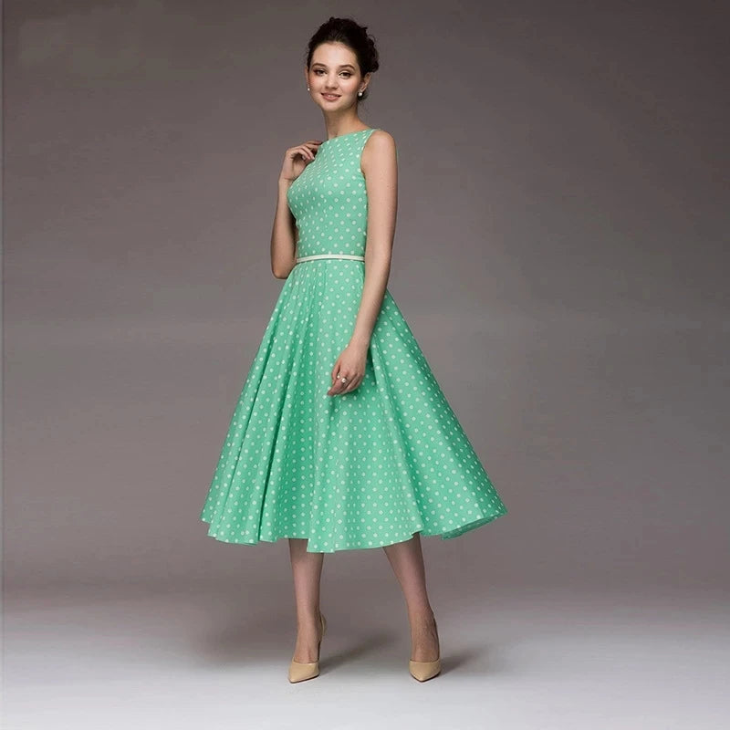 Vintage Dress Sleeveless O-neck Vestidos Women Elegant Thin Dot Printing Mid-Calf Casual Dress Female Summer