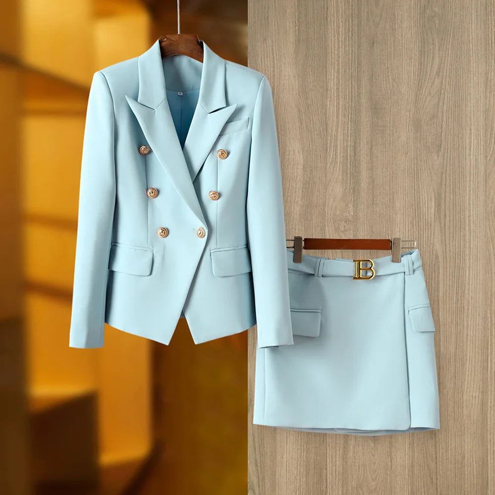 HarleyFashion Gorgeous Design Women 2PCS Blazer Suits Solid Color Summer Blue Skirt Twin Sets Mini Street Clothing for Lady Sky blue