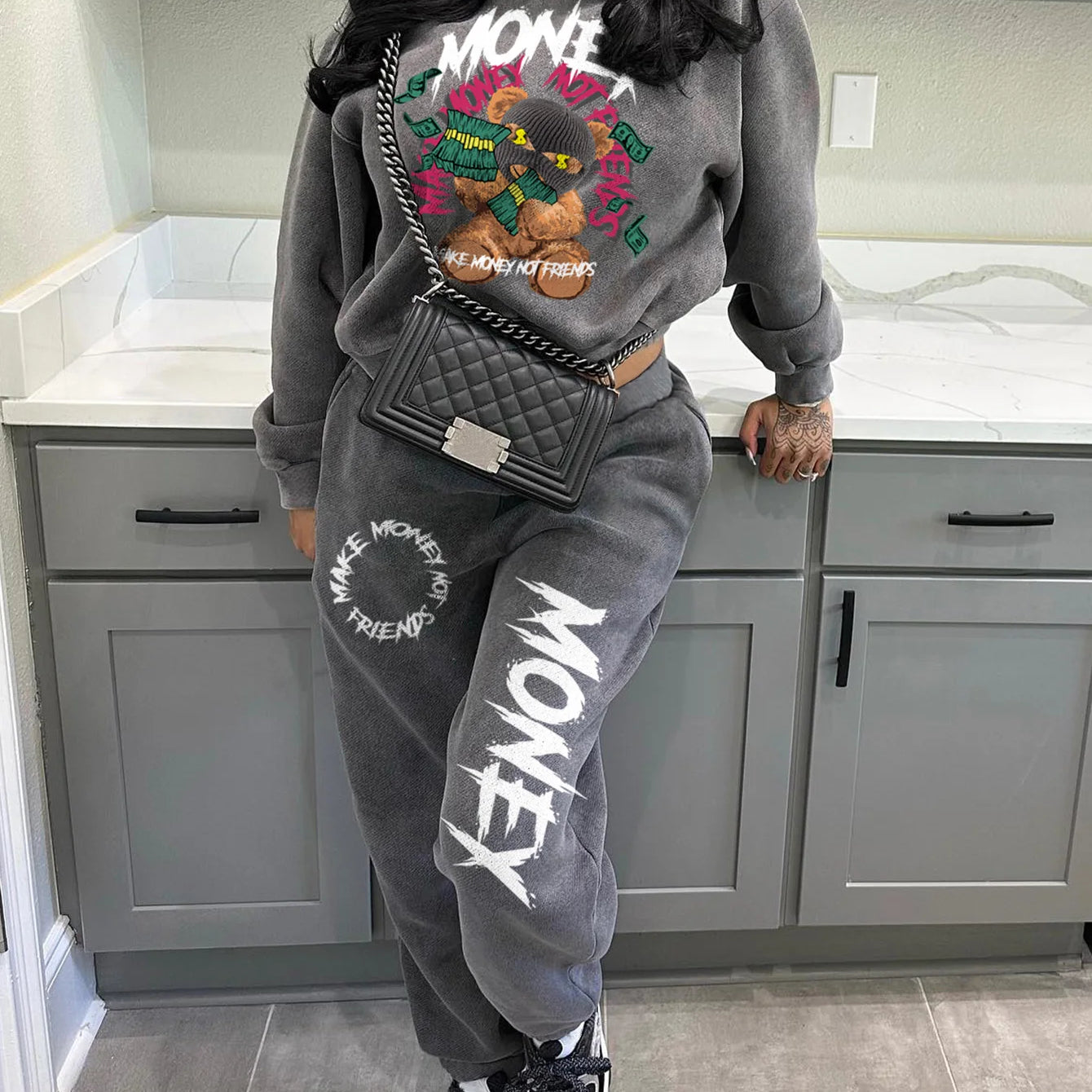 LW Plus Size Two Piece Sets Figure Letter Print Pants Set Autumn Women Tracksuit Oversized Suit Female Sweatshirt Sports Hoodie