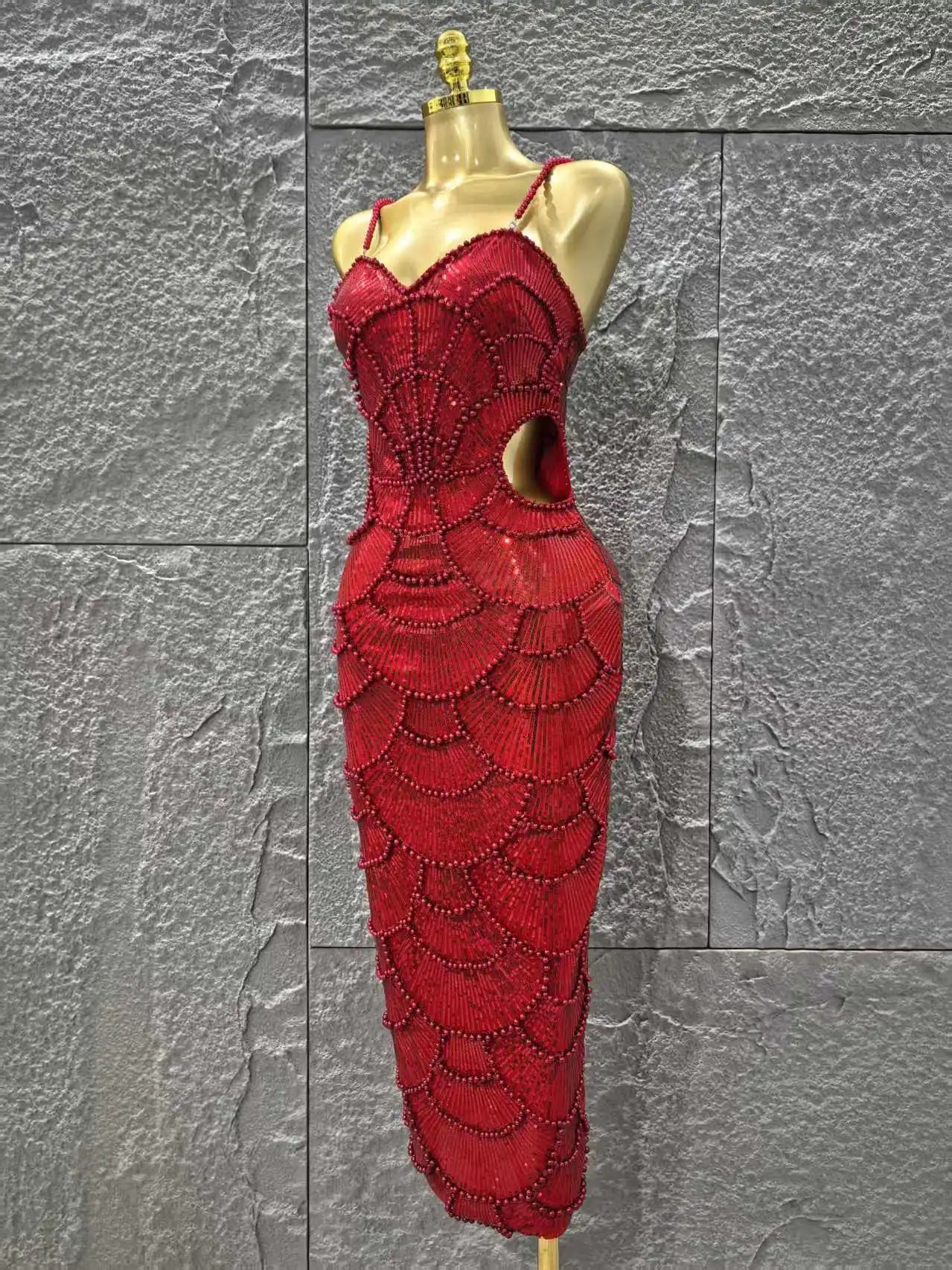 Red Color Women Sexy Sleeveless Pearl Beading Bodycon Mid-calf Dress Waist Hollow Out Celebrate Fashion Birthday Party Dress