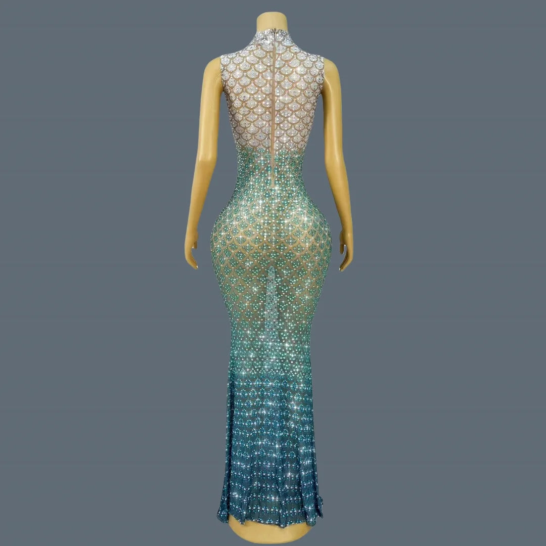 Trendy Gradient Sparkling Crystal  Sheer Mesh Long Dress Sexy High-end Skinny Evening Dress Birthday Night Party Outfit Qingshe