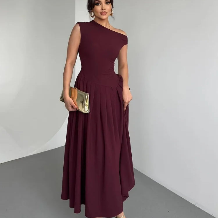 Chic Off Shoulder Irregular Neck Women's Dress Elegant High Waist A-line Hem Pleated Midi Dresses New Summer Lady Commuting Robe