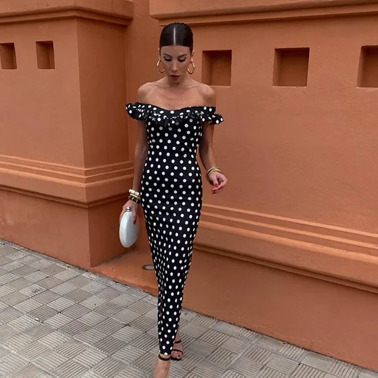 Elegant Polka Dot Print Ruffles Maxi Dress Women Fashion Strapless Slash Neck Backless Vestidos Lady Party Club Sexy Robes black