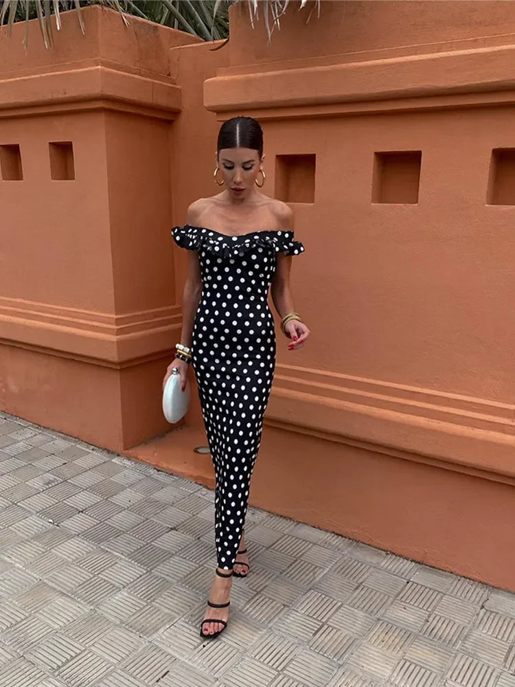 Elegant Polka Dot Print Ruffles Maxi Dress Women Fashion Strapless Slash Neck Backless Vestidos Lady Party Club Sexy Robes black