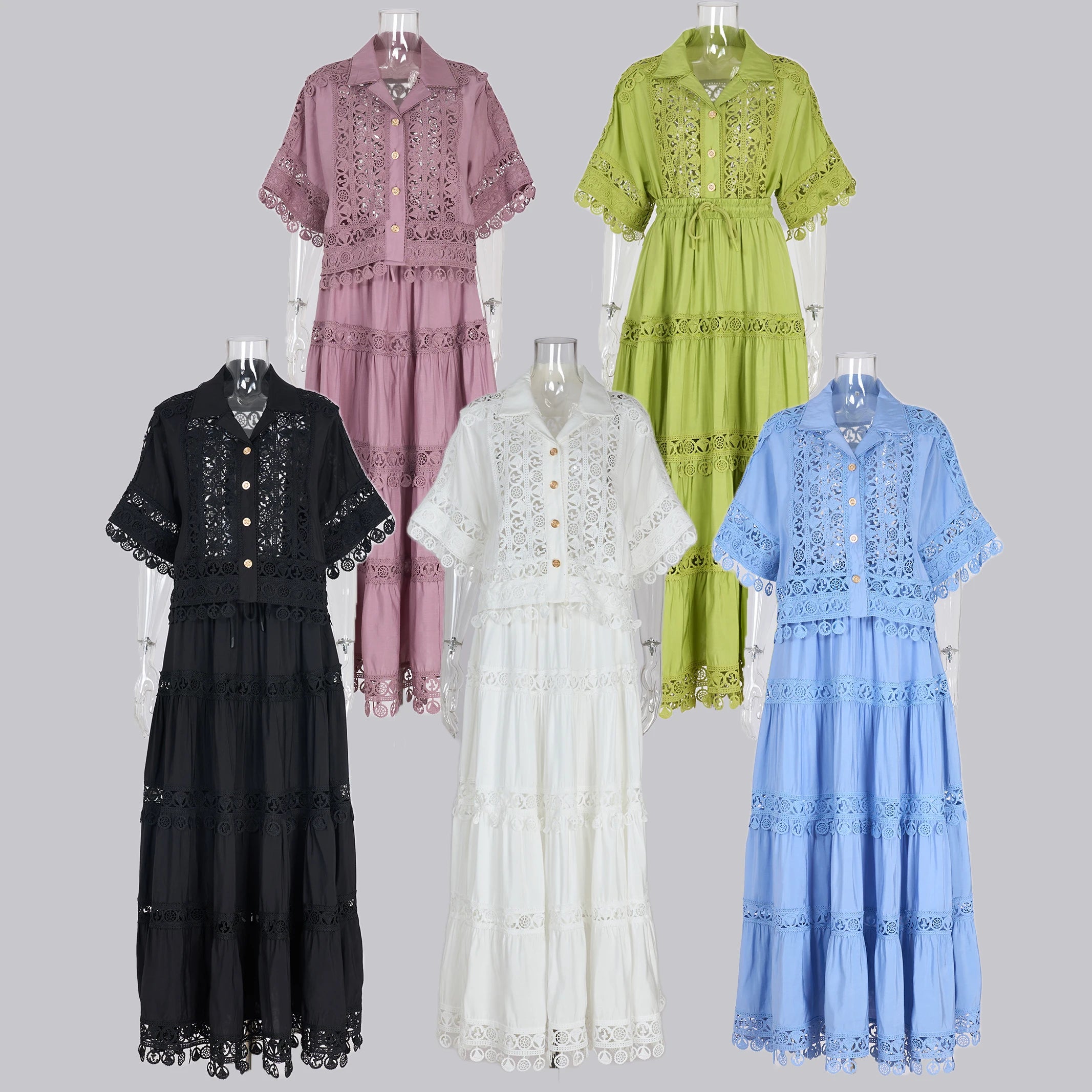 Summer Holiday Embroidery 2 Piece Sets Women Hollow Out Loose Shirt Top + Elastic Waist Maxi Skirts Suits Streetwear Y2k Outfits