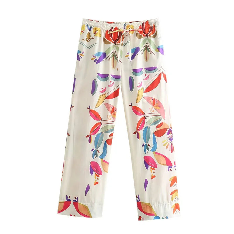 TRAFZA Women New Fashion Suit Print Turn-Down Collar Long Sleeves Buttons Single Breasted Shirts+Elastic Wais Wide Leg Pants Print Pant