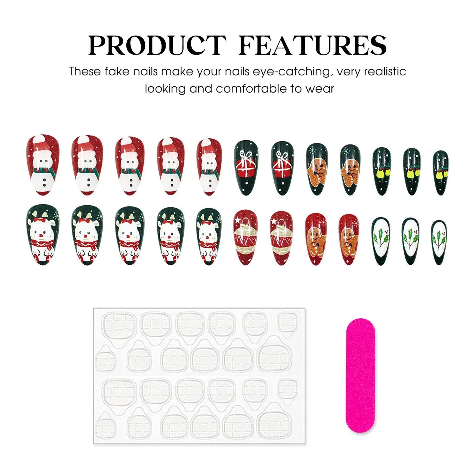 Red/Green Almond Fake Nails for Christmas Party DIY Manicure 24Pcs Acrylic Press On Nails Snowman/Gingerbread Man/Bear Printed