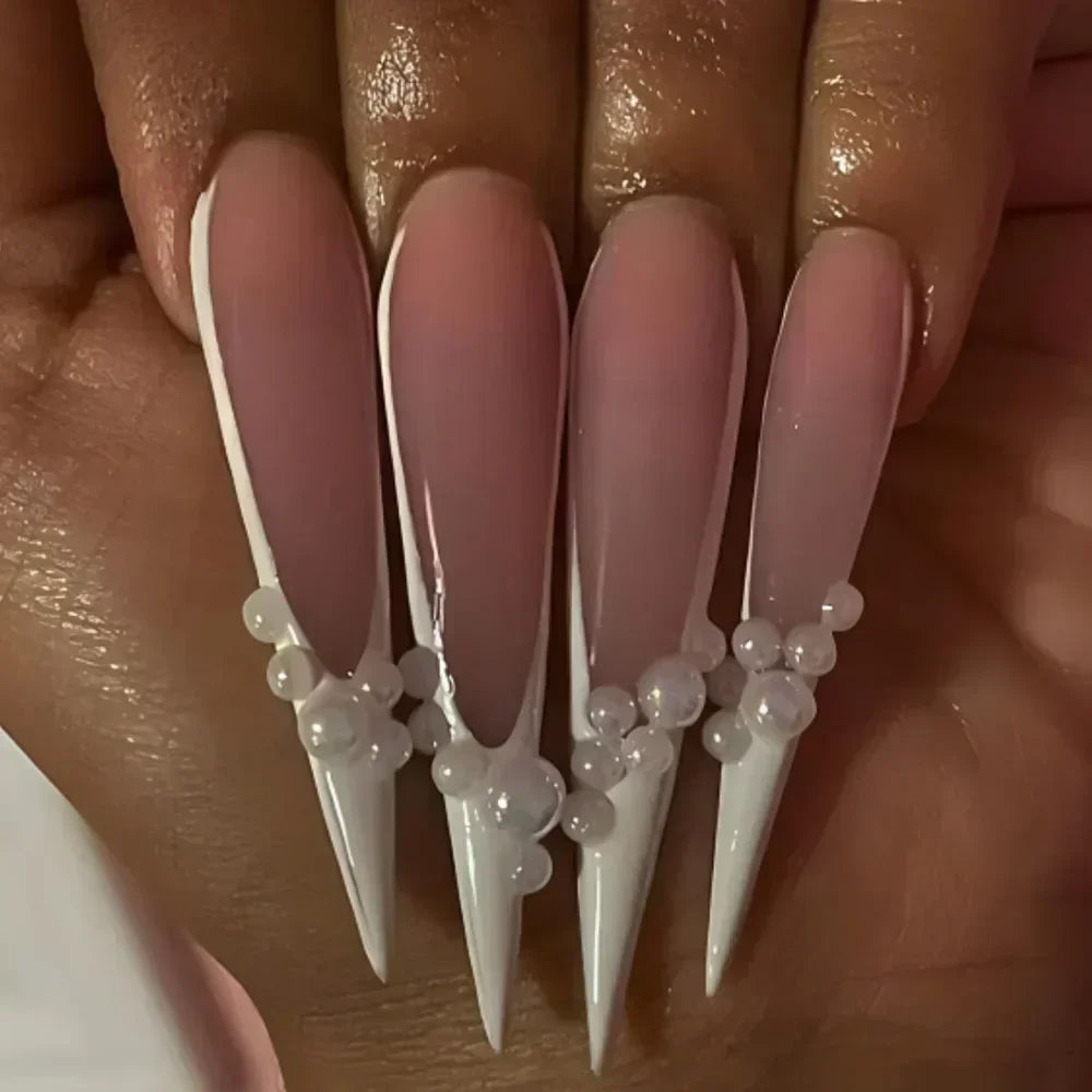 24Pcs French False Nails With Purple Edge  Almond Bow Flower Design Detachable Acrylic Fake Nails Long Stiletto Press On Nails