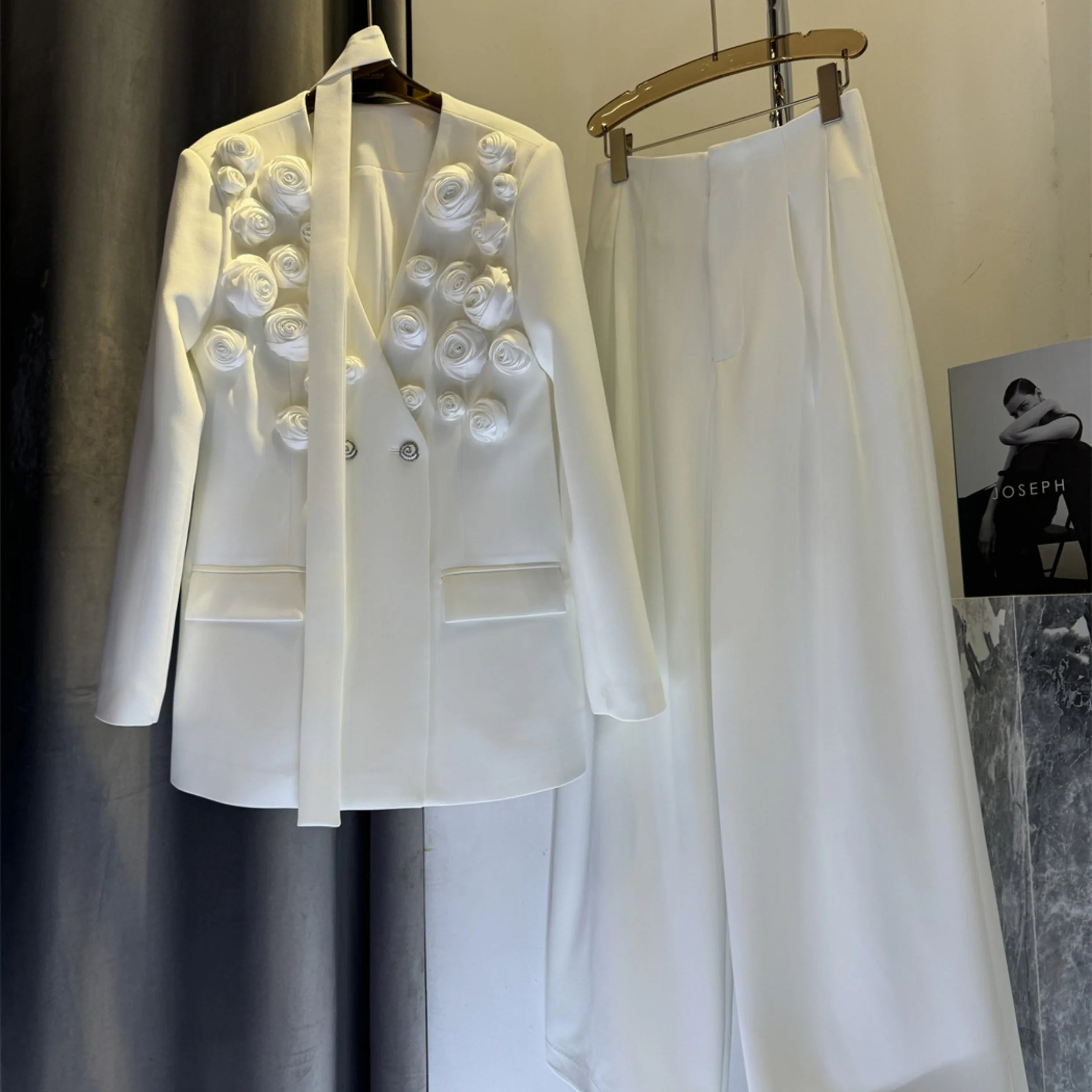 TWOTWINSTYLE Solid Spliced Appliques Two Piece Sets for Women V Neck Long Sleeve Patchwork Pocket Top High Waist Pant Set Female