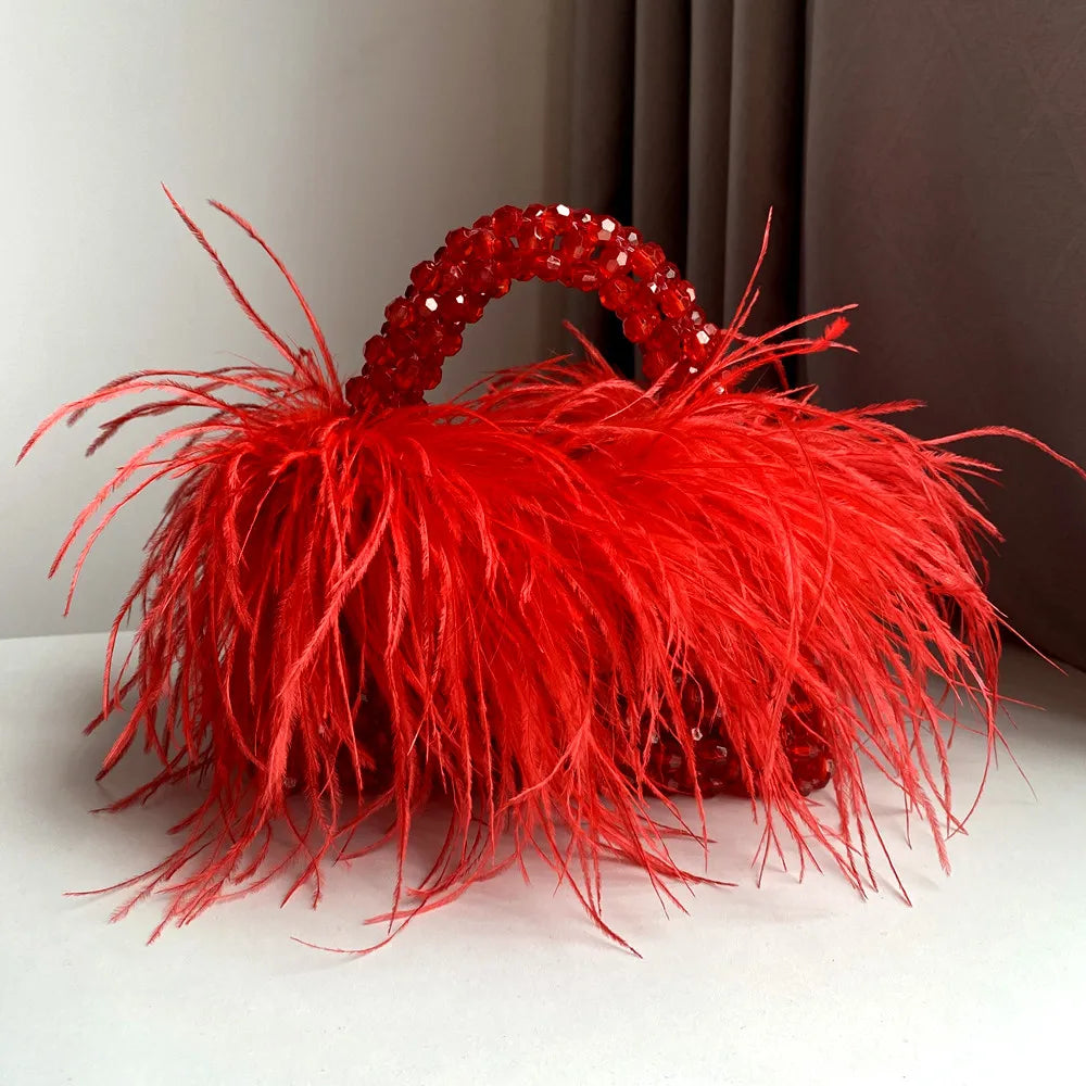 Pearl Bead Bag With Ostrich Feather Fur Designer Brand Clear Acrylic Crystal Stone Box Tote Handbag Women Handmade Party Purse burgundy