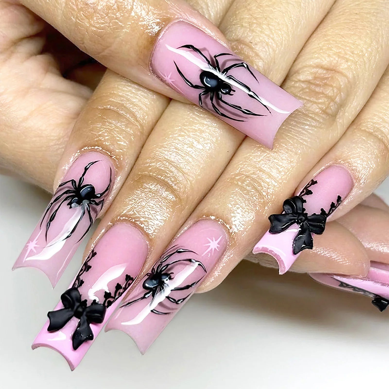 24pcs Halloween Gothic Fake Nail with Black Spider Bow Design False Nails European Long Coffin French Press on Nails Wearable