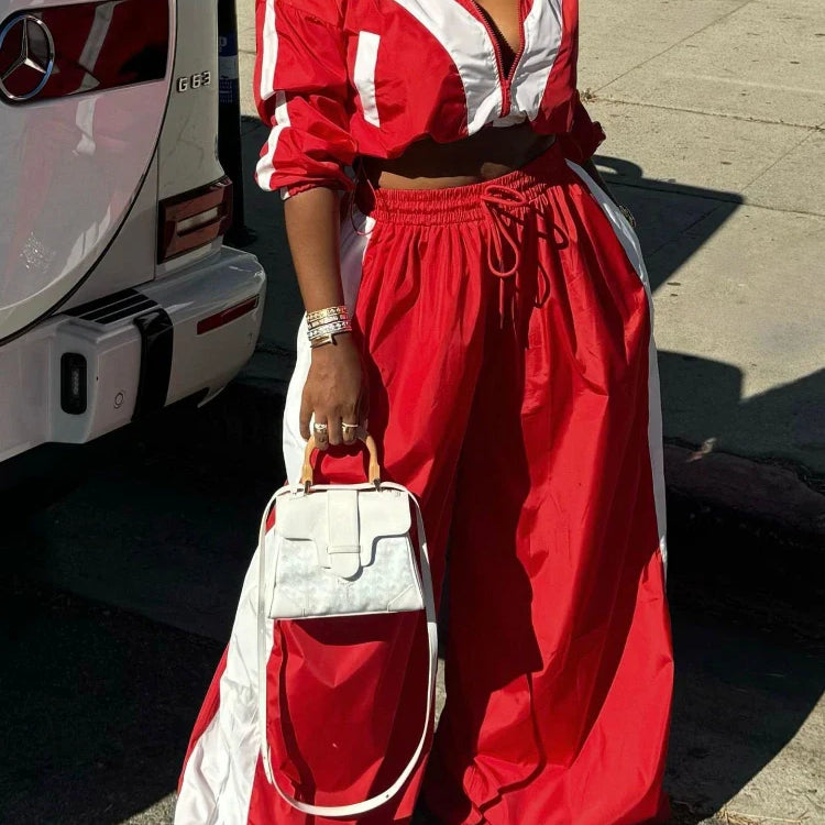 CM.YAYA Active Patchwork Women's Set Zipper Sweatshirt Jacket and Wide Leg Pants Suit 2025 INS Two 2 Piece Sets Outfit Tracksuit