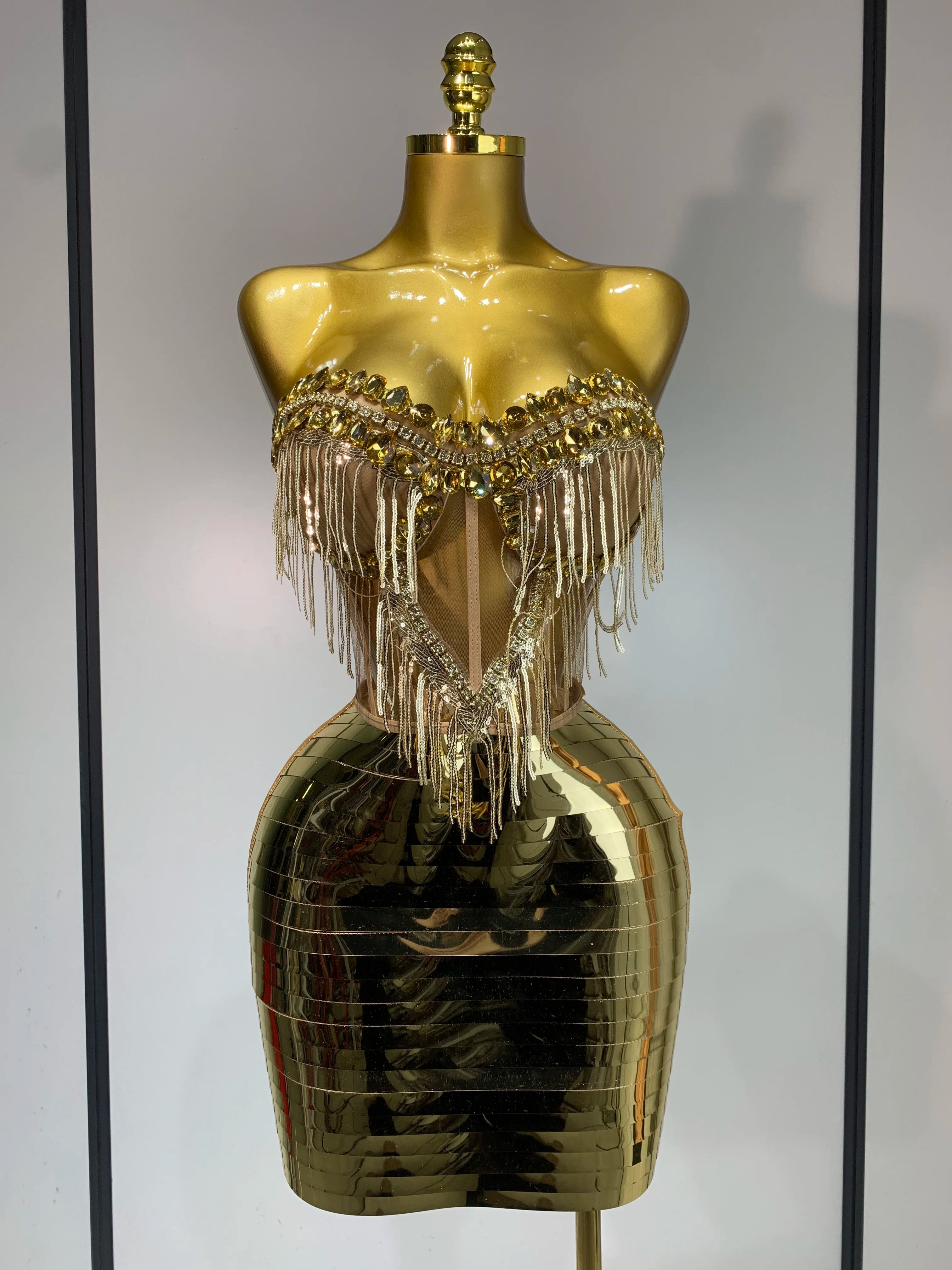 2025 Sparkly Gold Rhinstones tassels Top Skirt Set Women Sexy Strapless Designer Two Pieces Nightclub Evening Party Stage Outfit