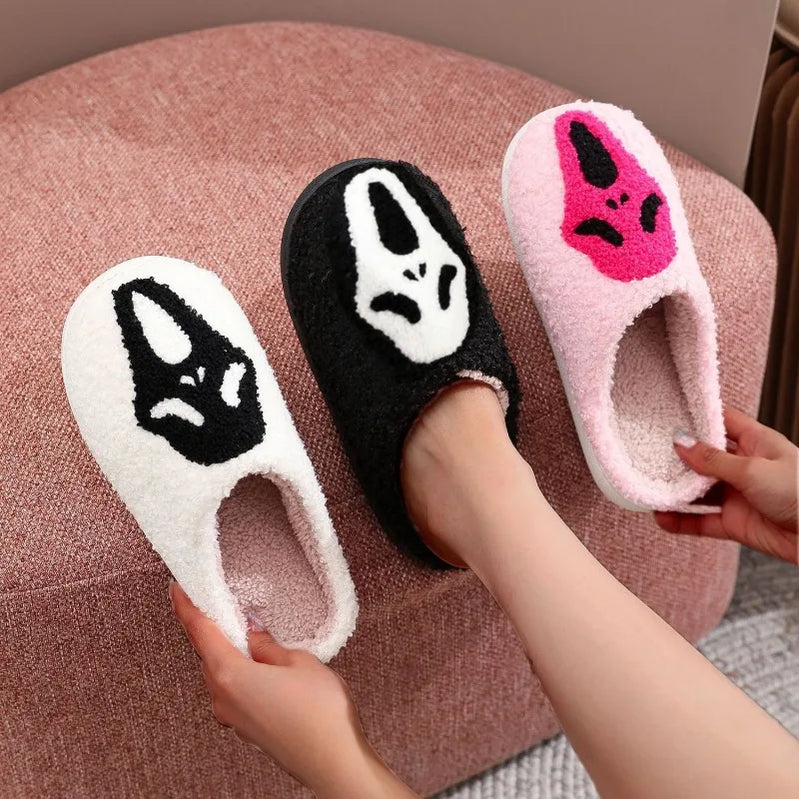 Winter Warm Plush Slippers Women's Halloween Black Ghostface Home Cotten Slippers Men Flip Flops Indoor Floor Slippers Gifts