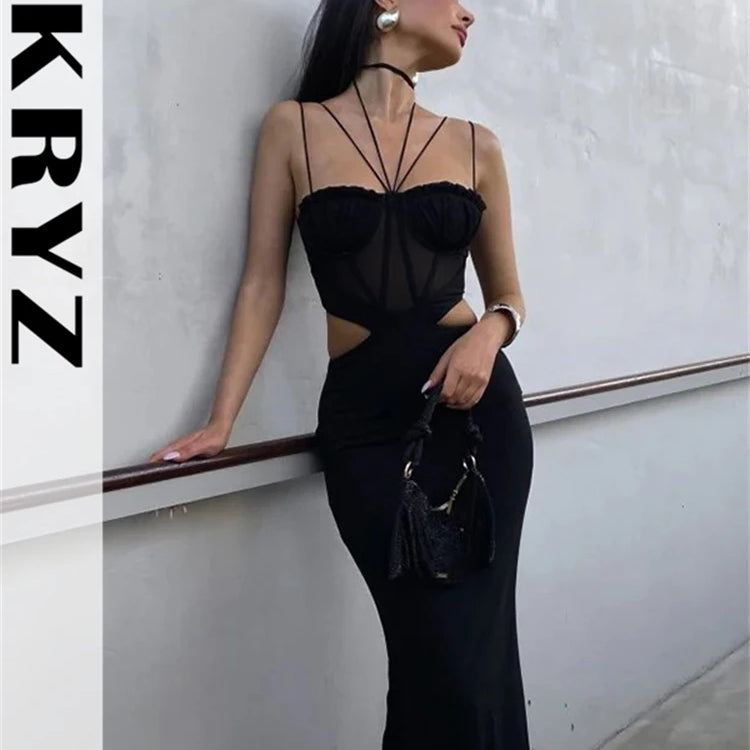 Ladies Autumn Sleeveless Backless Lace Up Halter Hollow Out Maxi Dress For Women New Fashion Evening Party Club Wear Y2K Clothes