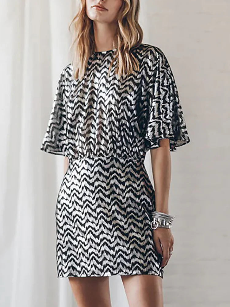 Round Neck Backless Hollow Out Women Dress Summer Casual Femme Half Sleeve Print Dress Streetwear Loose Mini Black Dress Vestido