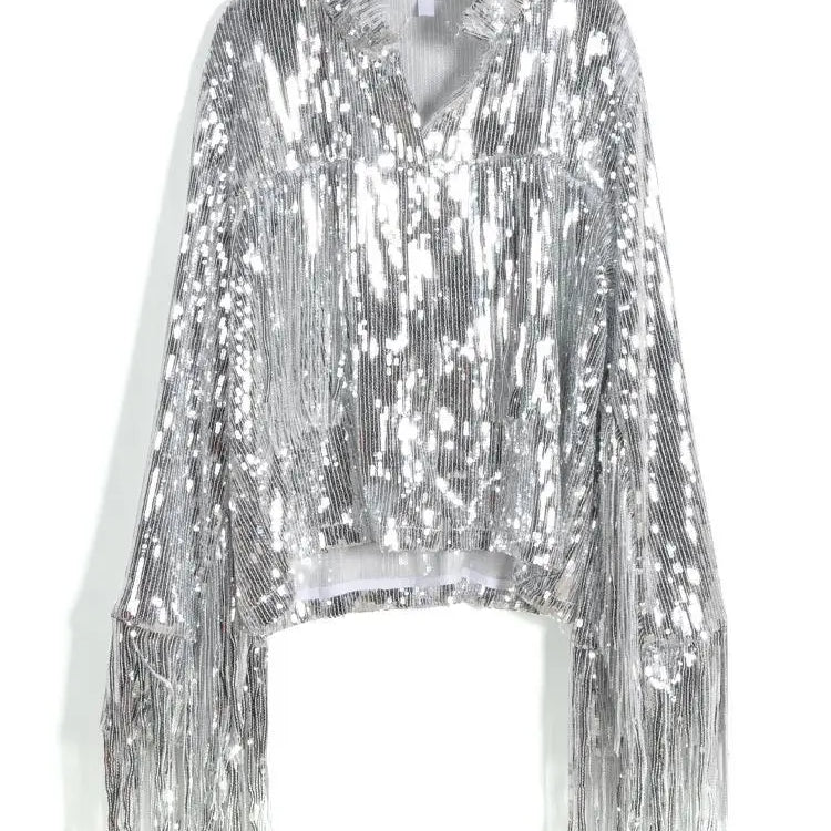 Tassel paljettjacka Autumn Winter streetwear rock bf retro långärmad silver reflekterande kappkvinnor