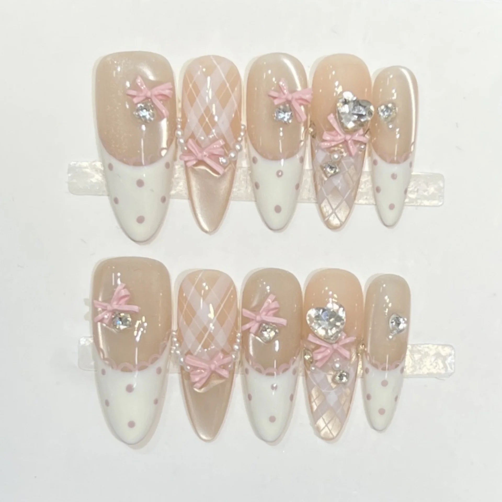 10pcs Wearable Long Oval Handmade Nails Cute French Tips Cat's Eye False Nail Art Reusable Sweet Bow Diamond Press on Fake Nails