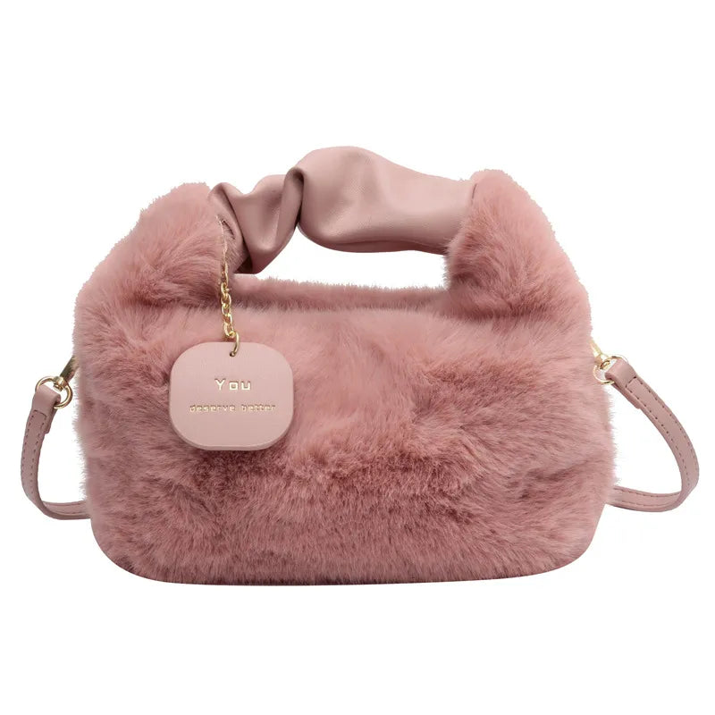 Women Faux Fur Handbags Zipper Small Lady Shoulder Crossbody Bag Casual Tote Half-Moon Hobos Winder A style pink
