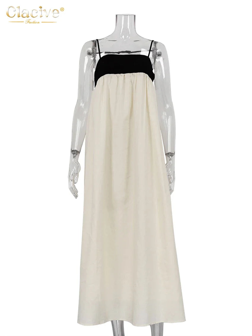Clacive Sexy Loose Beige Cotton Women'S Dress Summer Strap Sleeveless Ankle Length Dresses Elegnat Classic Female Dress