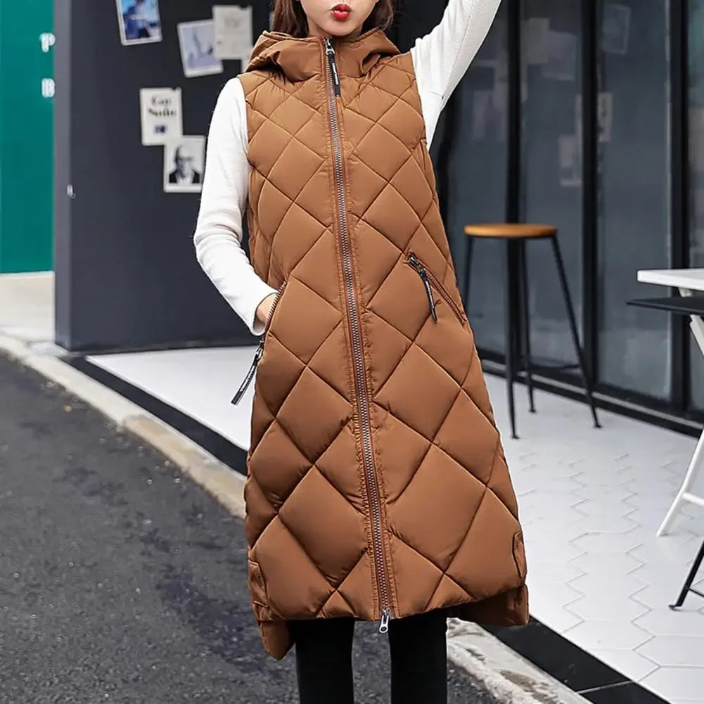 Vest Hooded Women Vest Jacket Long Diamond Grid Shaped Jacket Zipper Sleeveless Cardigan Trendy Style Autumn Winter Streetwear