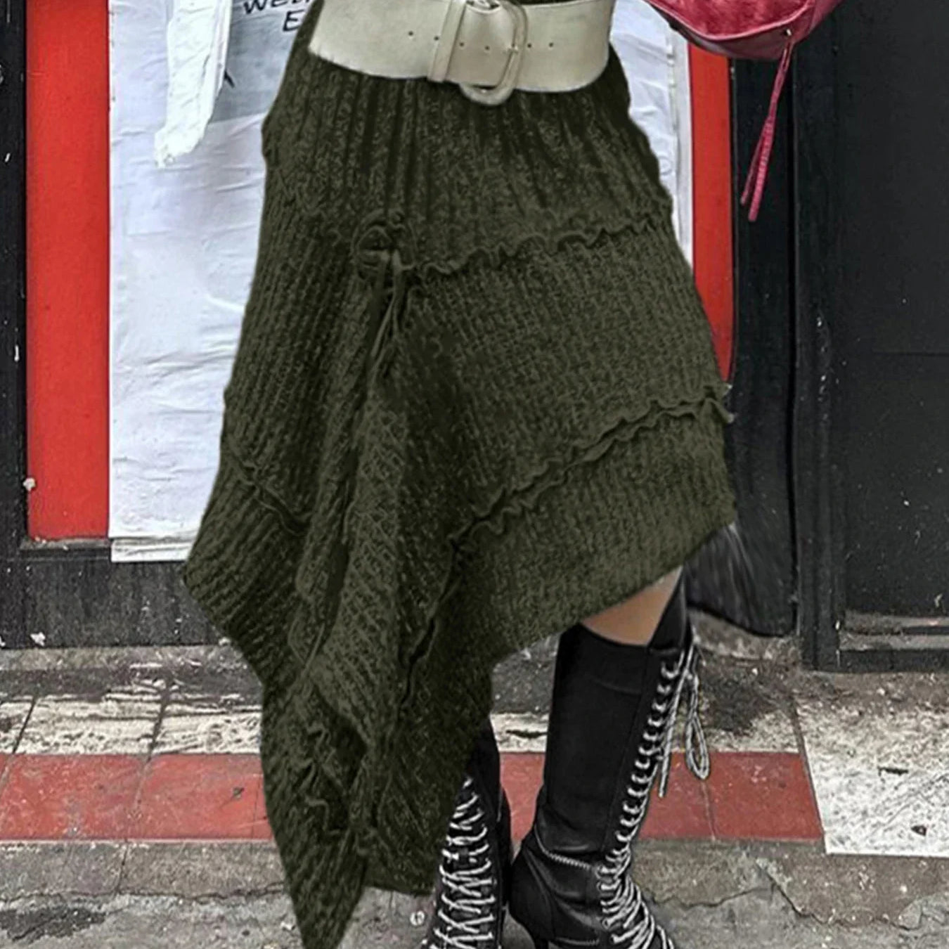 IAMSURE Grunge Style Casual Asymmetrical A-Line Skirt Solid Low-Waisted Knitted Midi Skirts Women Autumn Winter Fashion army green