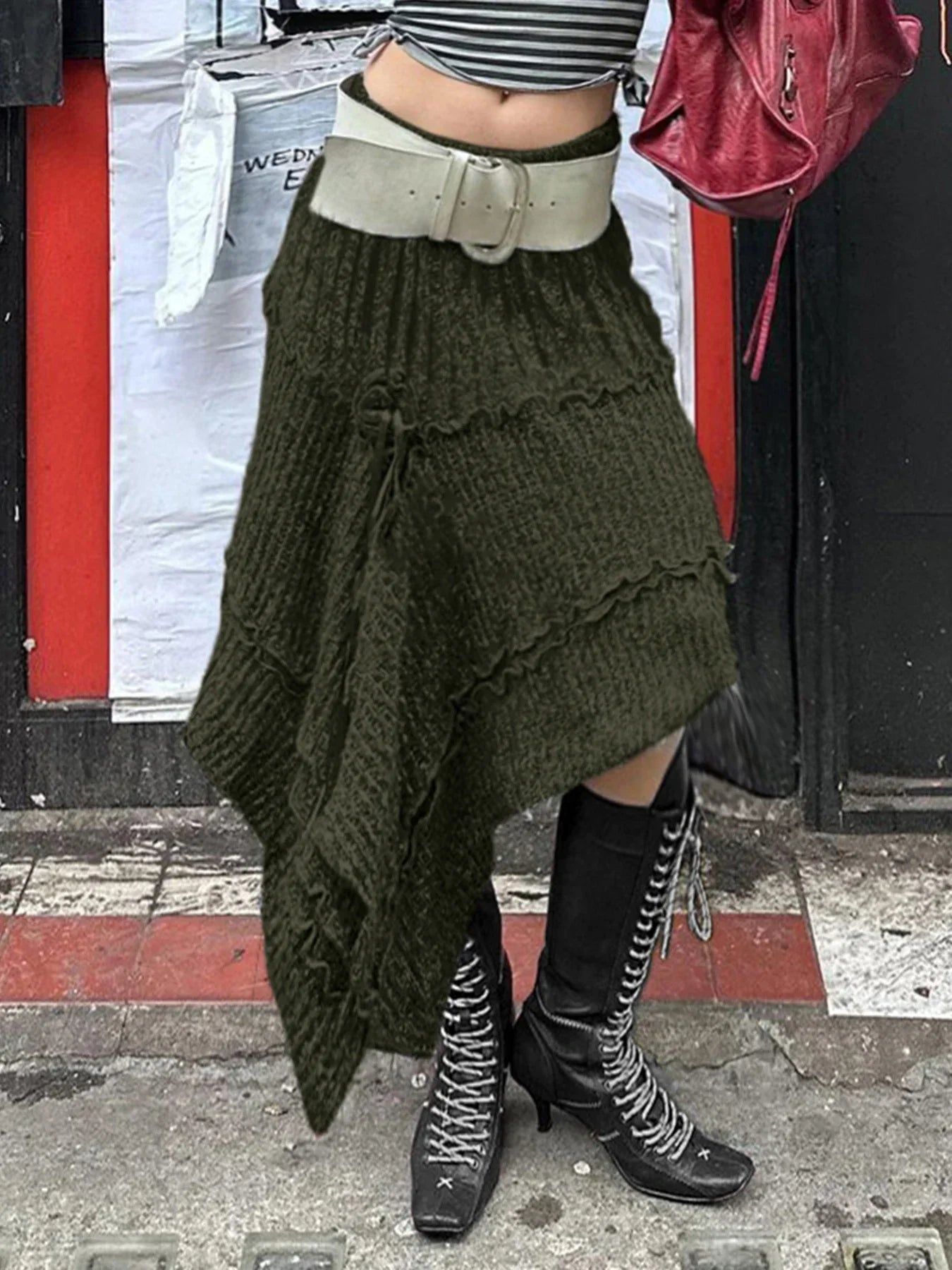 IAMSURE Grunge Style Casual Asymmetrical A-Line Skirt Solid Low-Waisted Knitted Midi Skirts Women Autumn Winter Fashion army green