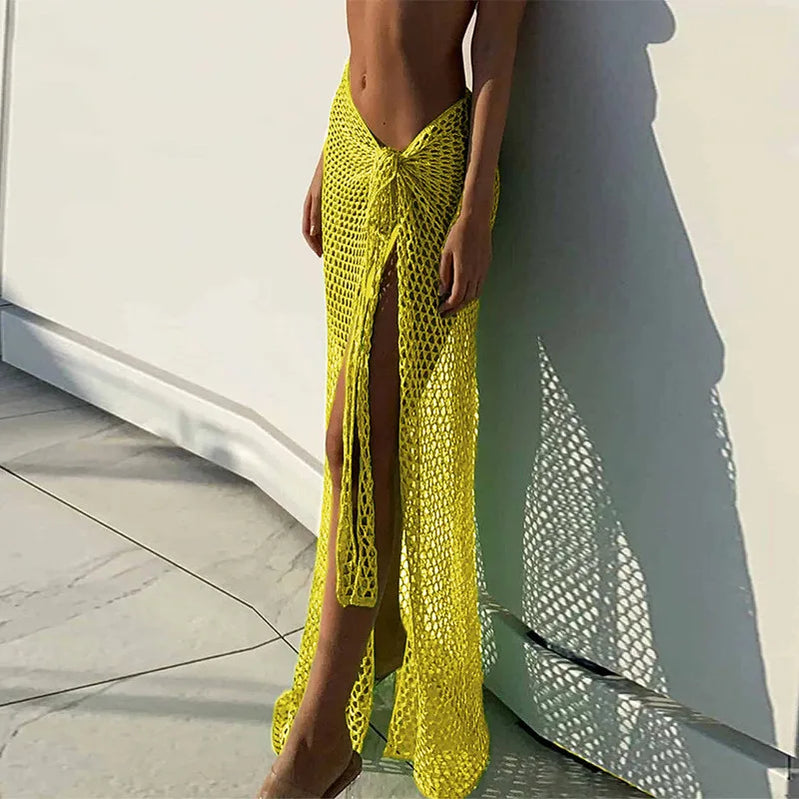 Women Long Skirts Beachwear Summer Holiday Hollow Out Sexy Fishnet Skirt Y2K Fashion Tie Up Bandage See Through Maxi Outfits Yellow One Size