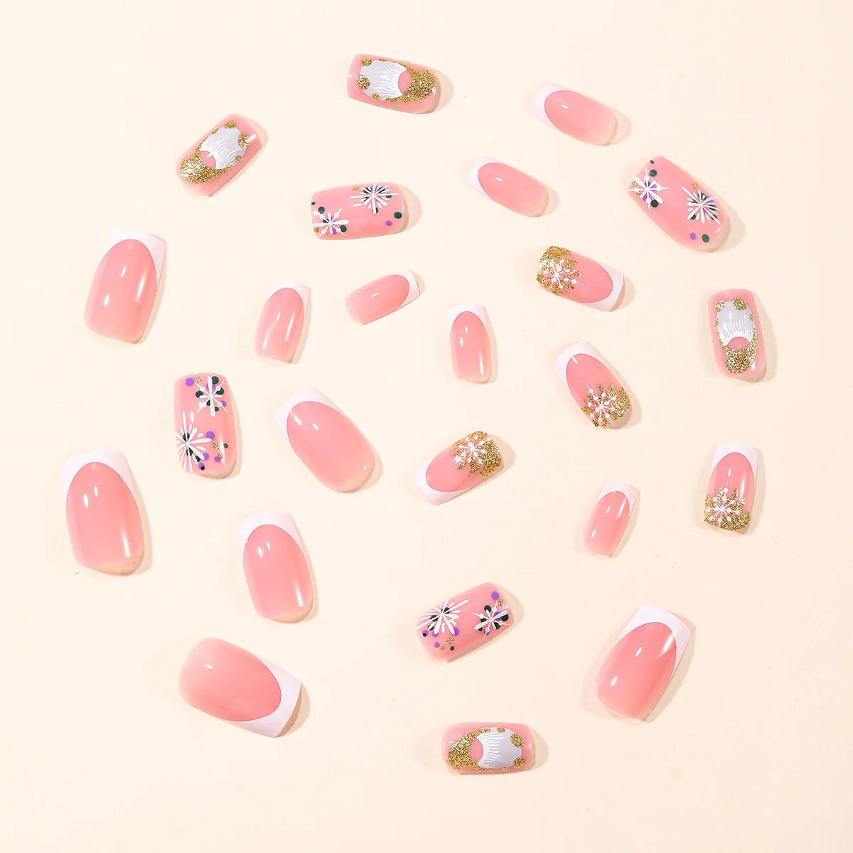 Silver French Fake Nails 24Pcs Nude Color Press On Nails Star/Bowknot Designs Short Square Artificial Nails Patches for Women