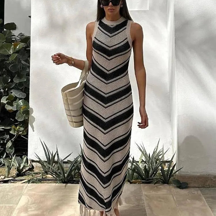Summer Knitted Beach Dress Women Elegant Fashion Tassel Striped Long Dresses Summer Slim Bohemian Holiday Outfits Beachwear