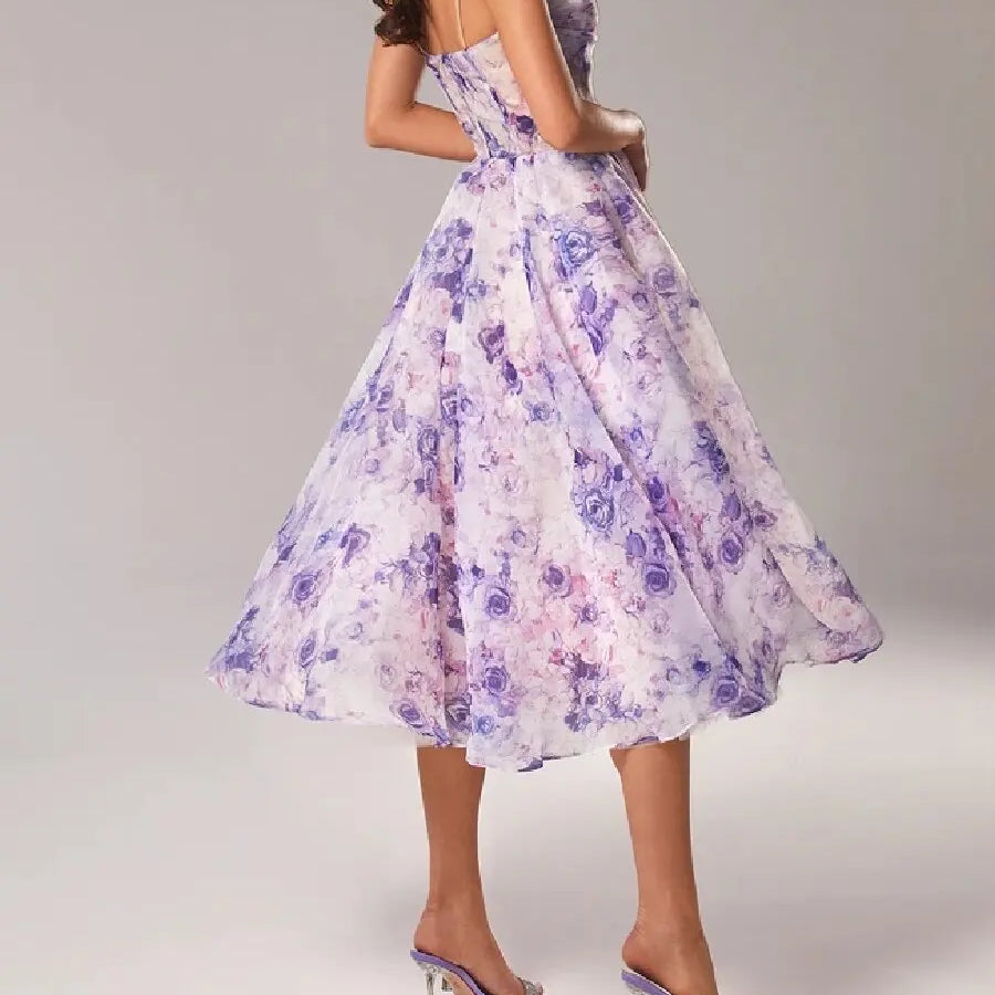 Bridal Luxury Evening Dresse Slim Fit Slash Neck A-LINE Sleeveless Ankle-Length Print Sling Chiffon Dress Women