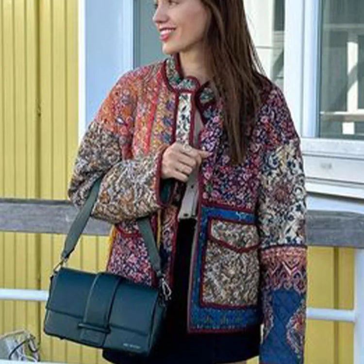 Floral Printed Cotton Jacket For Women Long Sleeve Patchwork Pocket Contrasting Colors Button Ethnic Causal Coat