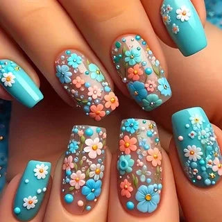 24pcs Acrylic Press on Nails Medium Green Flower Plants Pattern Fake Nails with Glue Ballet Full Cover Wearable False Nail Tips