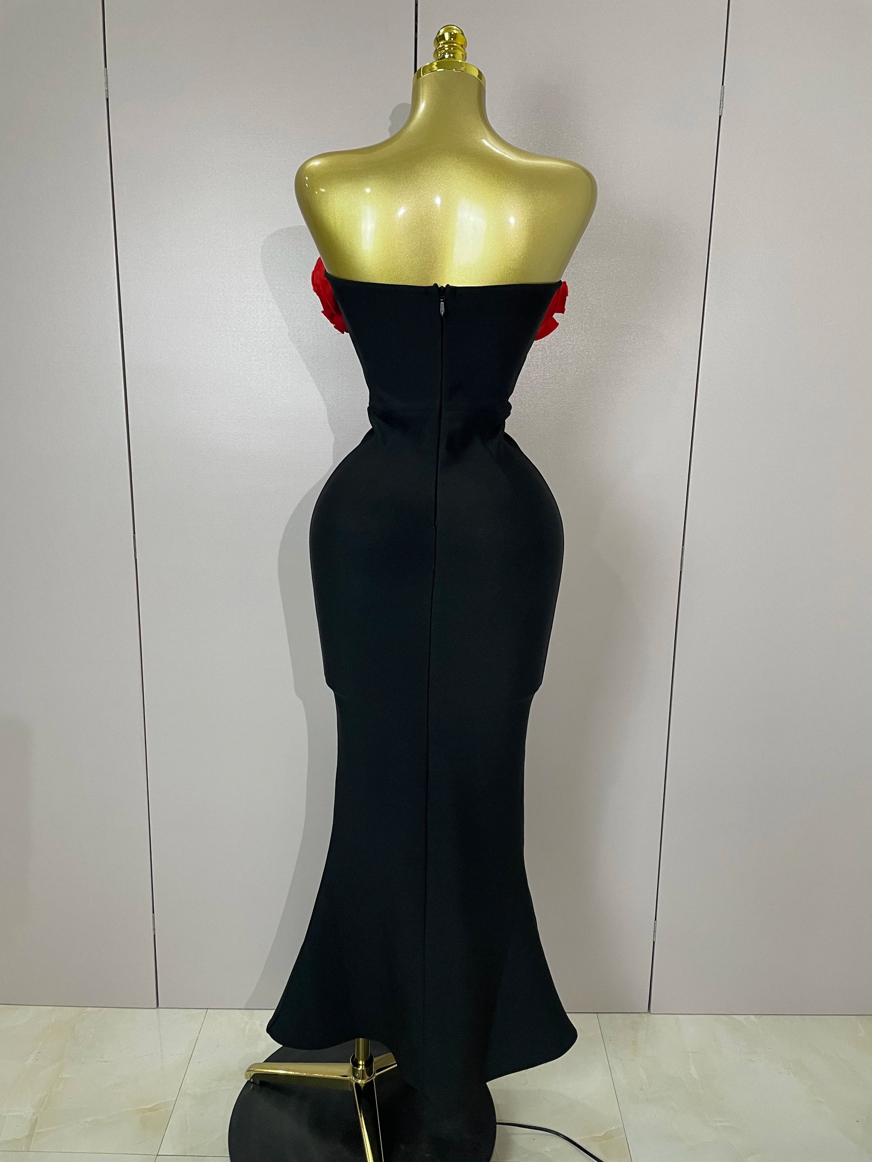 2025 New Arrival High Quality black Off Shoulder Red Flower Bandage Long Dress Women Elegant Fshion Celebrity Party Dress