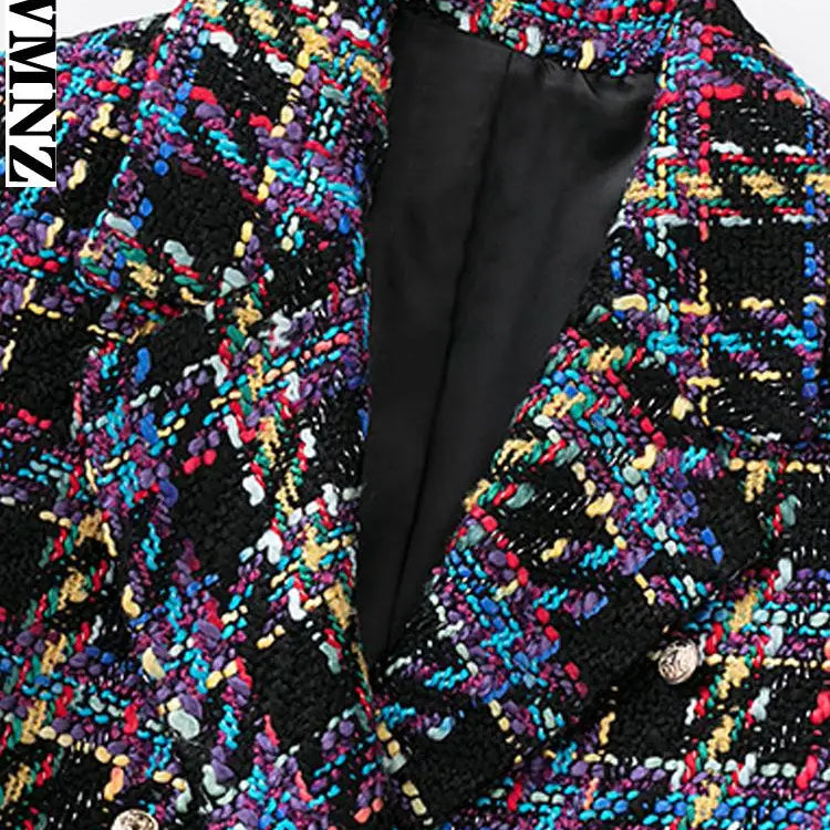 Women's jacket fashion double-breasted tweed cropped blazer vintage long sleeve female outerwear chic veste femme