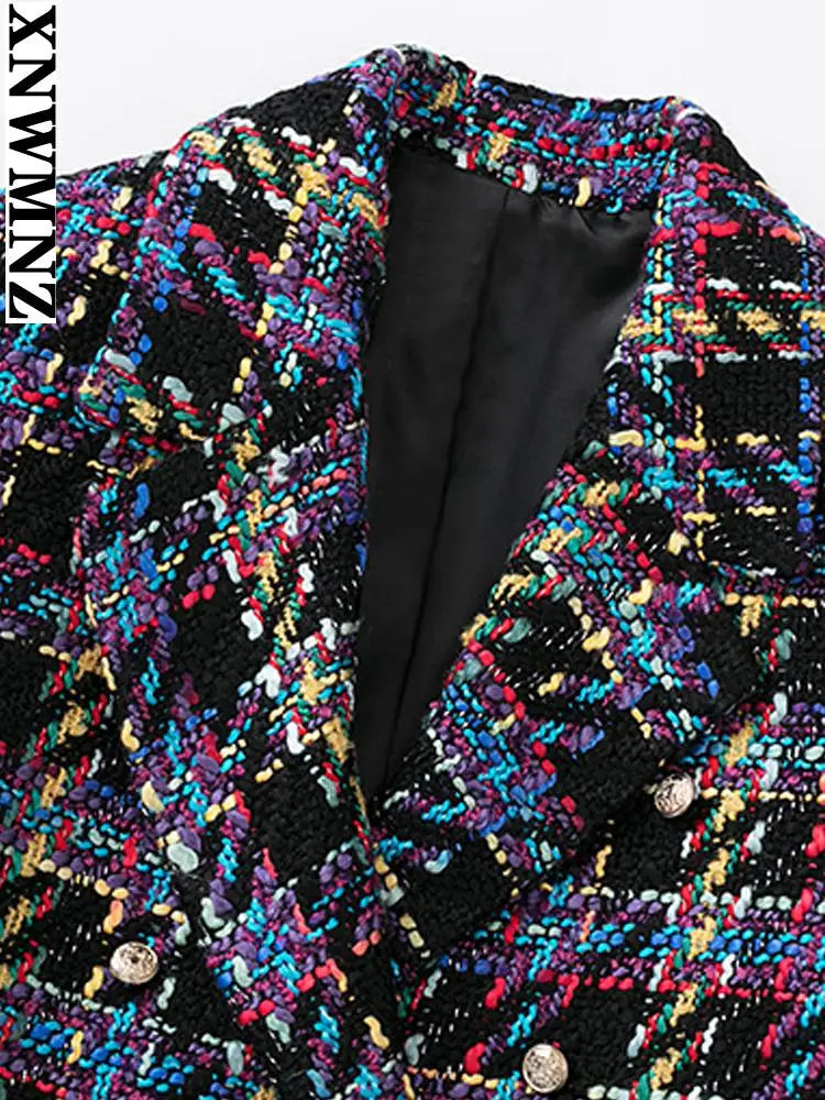 Women's jacket fashion double-breasted tweed cropped blazer vintage long sleeve female outerwear chic veste femme